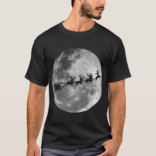 Christmas Santa Claus Flying Past The Moon T-Shirt (Front)