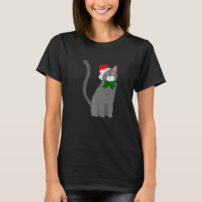 christmas santa claus hat gray cat   T-Shirt (Front)