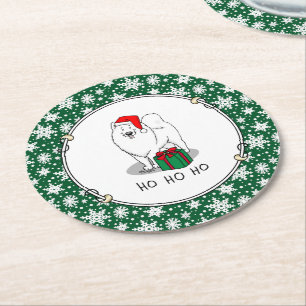 Christmas Santa Claus Hat Samoyed Dog Cute Round Paper Coaster
