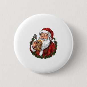 Christmas Santa Claus Holding Beer Glass 6 Cm Round Badge