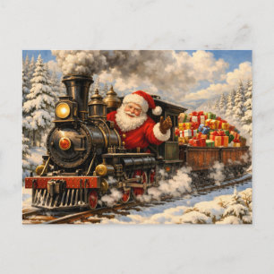 Christmas Santa Claus in Vintage Train with Gifts Holiday Postcard
