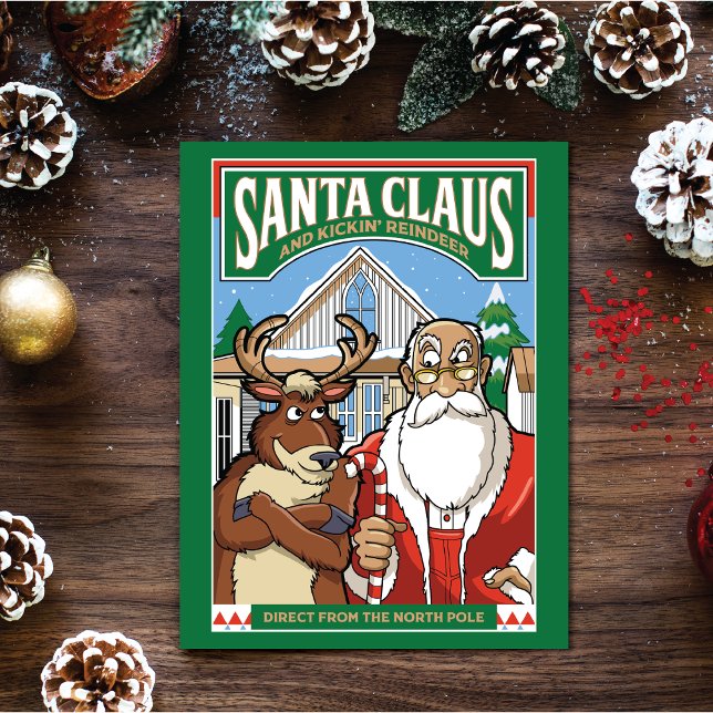 Christmas Santa Claus & Kickin' Reindeer Snowing Holiday Card (Creator Uploaded)