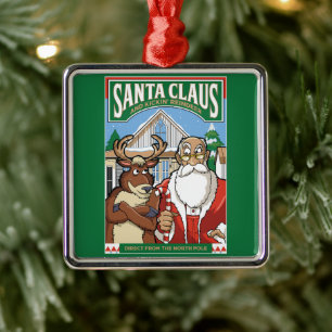 Christmas Santa Claus & Kickin' Reindeer Snowing Metal Tree Decoration