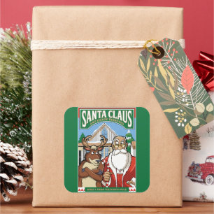 Christmas Santa Claus & Kickin' Reindeer Snowing Square Sticker