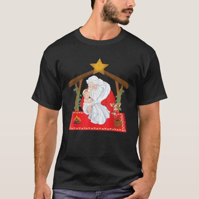 Christmas Santa Claus Kneeling with Baby Jesus  T-Shirt (Front)