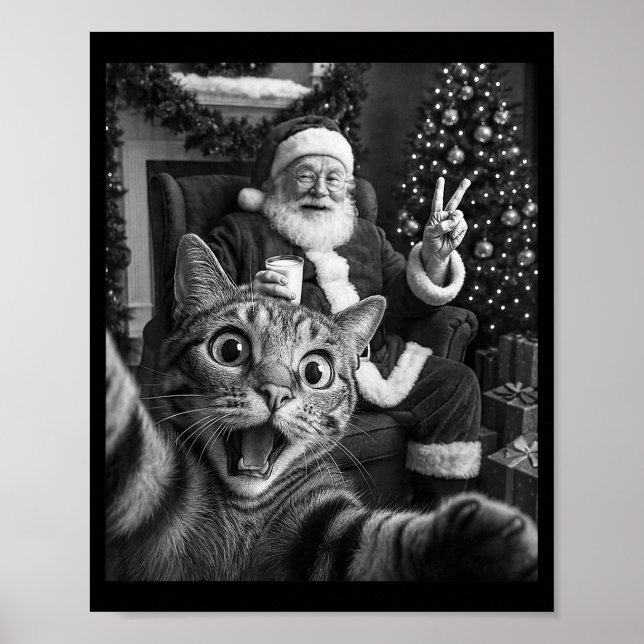 Christmas Santa Claus Merry X-mas Funny Cat Selfie Poster (Front)