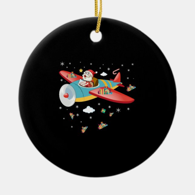 Christmas Santa Claus Pilot Flying Aeroplane Boys  Ceramic Tree Decoration (Front)