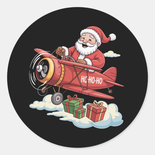 Christmas Santa Claus Pilot Flying Aeroplane Gift Classic Round Sticker (Front)