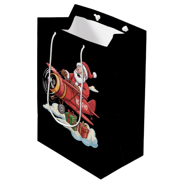Christmas Santa Claus Pilot Flying Aeroplane Gift Medium Gift Bag (Front Angled)