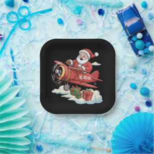 Christmas Santa Claus Pilot Flying Aeroplane Gift Paper Plate