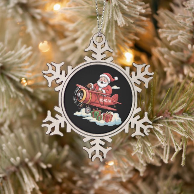 Christmas Santa Claus Pilot Flying Aeroplane Gift Snowflake Pewter Christmas Ornament (Tree)