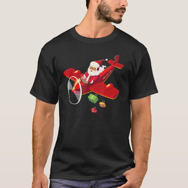 Christmas Santa Claus Pilot Flying Aeroplane T-Shirt (Front)