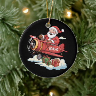 Christmas Santa Claus Pilot Flying Airplane Gift Ceramic Tree Decoration