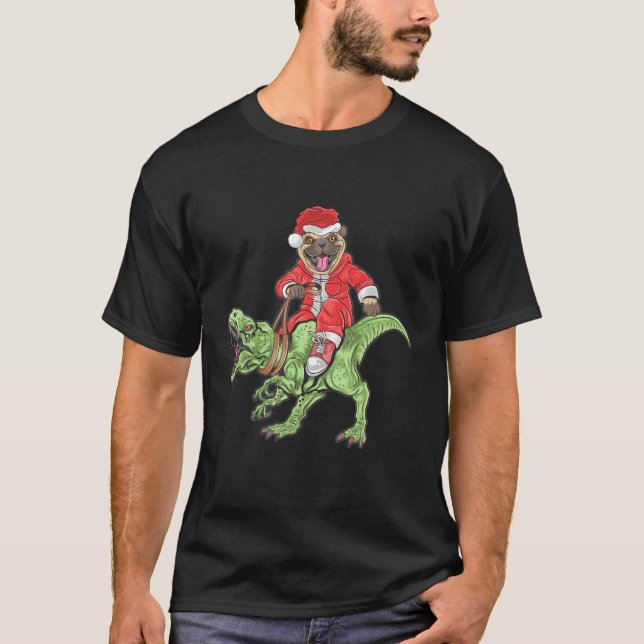 Christmas Santa Claus Pug Dog Riding A Dinosaur Tr T-Shirt (Front)