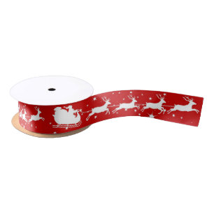 Christmas Santa Claus Reindeer Sleigh Red White Satin Ribbon