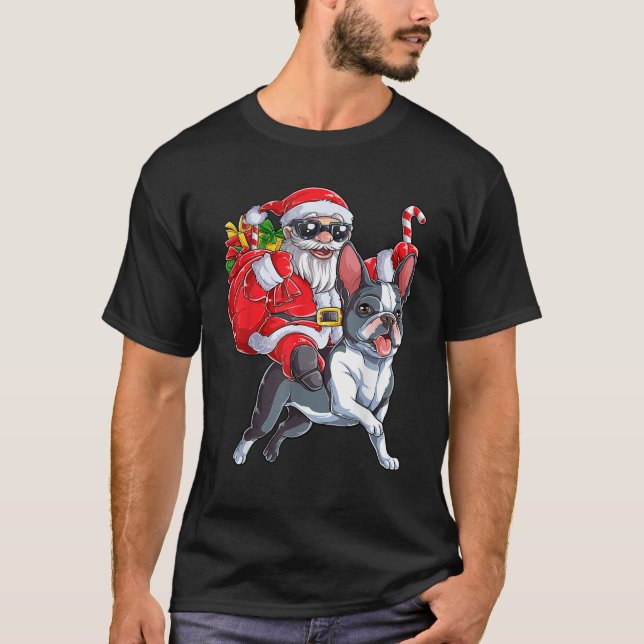 Christmas Santa Claus Riding Boston Terrier Xmas B T-Shirt (Front)