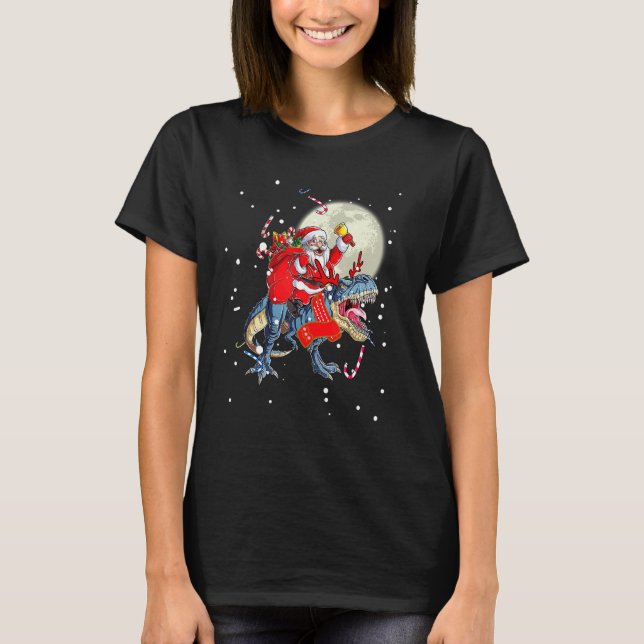 Christmas Santa Claus Riding Dinosaur For Boys Gir T-Shirt (Front)