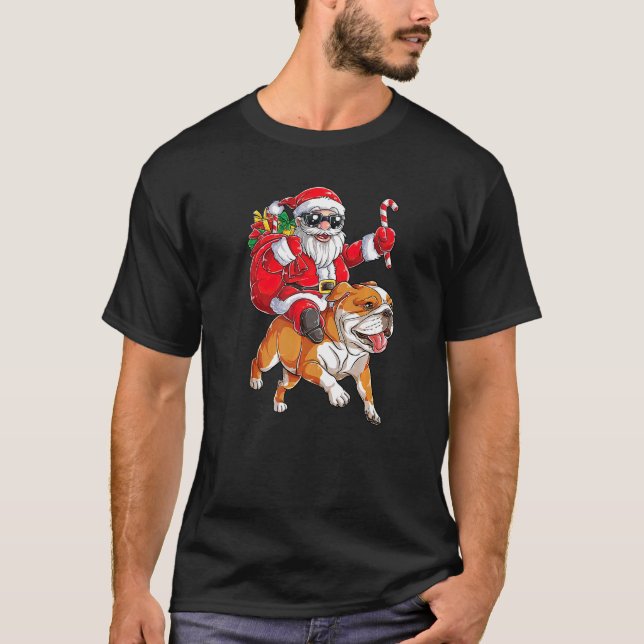Christmas Santa Claus Riding English Bulldog Merry T-Shirt (Front)