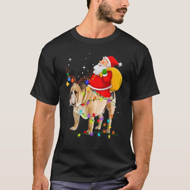 Christmas Santa Claus Riding English Bulldog Xmas  T-Shirt (Front)