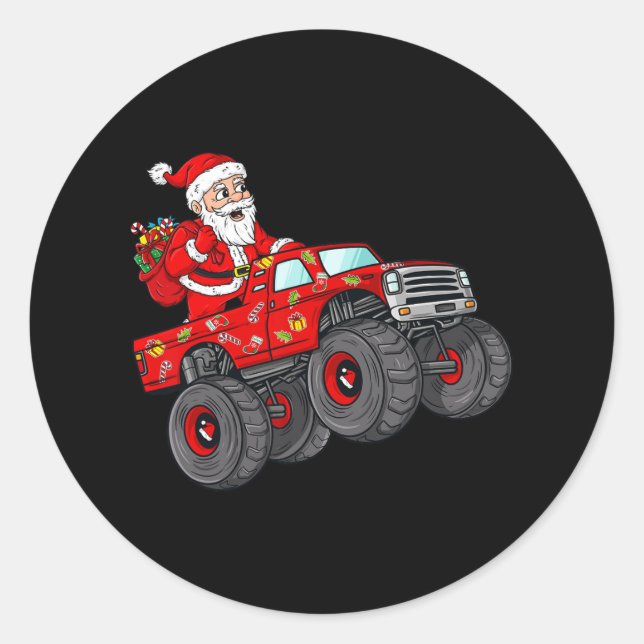 Christmas Santa Claus Riding In Monster Truck Boys Classic Round Sticker (Front)
