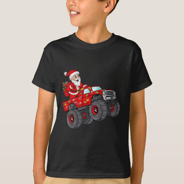 Christmas Santa Claus Riding In Monster Truck Boys T-Shirt (Front)