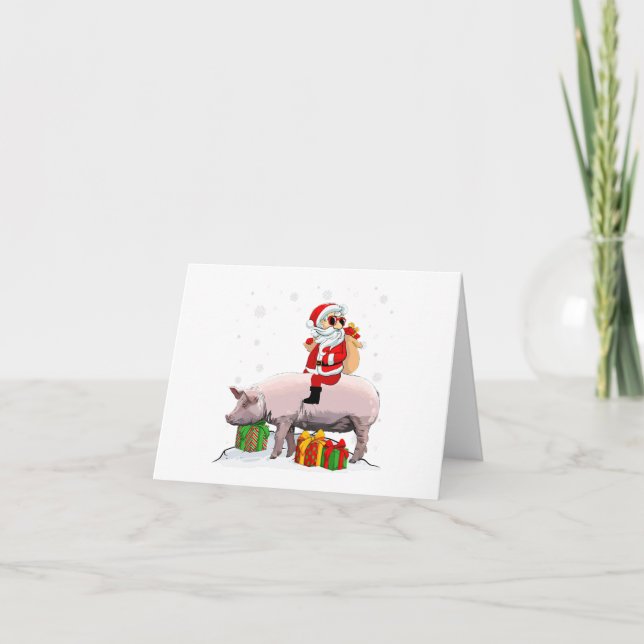 christmas santa claus riding pig xmas holiday  card (Front)