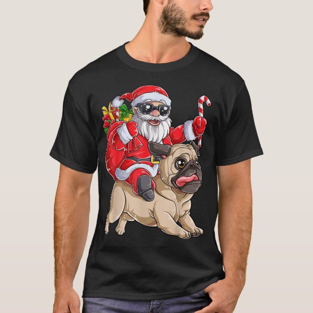 Christmas Santa Claus Riding Pug Xmas Boys Men  T-Shirt (Front)