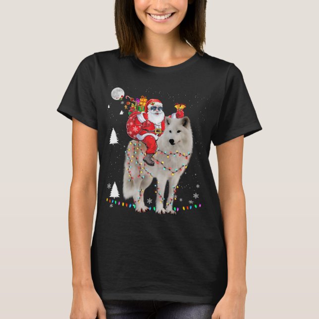 Christmas Santa Claus Riding Samoyed Lights Xmas H T-Shirt (Front)