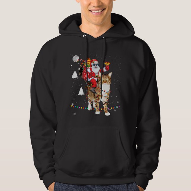 Christmas Santa Claus Riding Tiger Cat Lights Xmas Hoodie (Front)