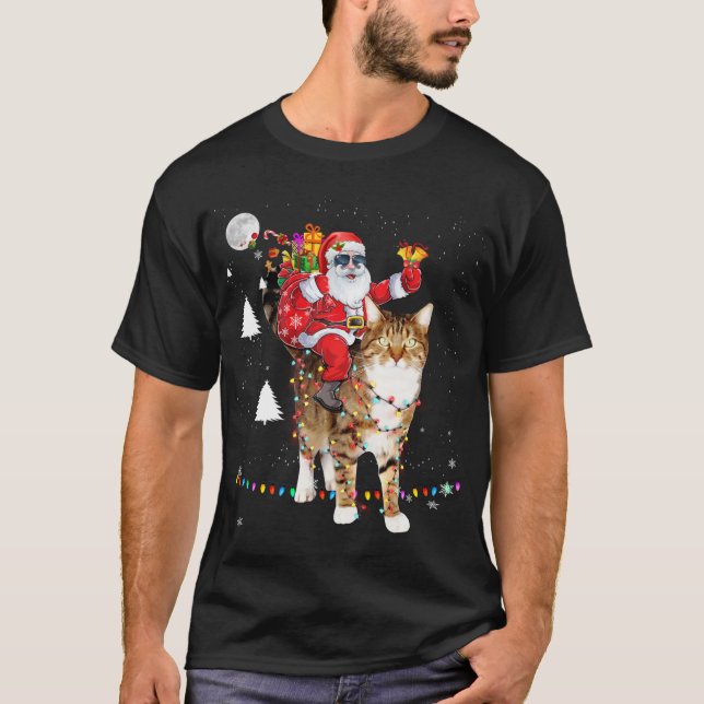 Christmas Santa Claus Riding Tiger Cat Lights Xmas T-Shirt (Front)