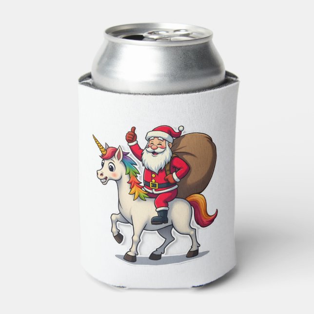 Christmas Santa Claus Riding Unicorn - Xmas Girls  Can Cooler (Can Front)