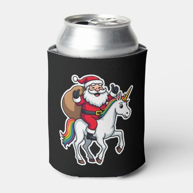 Christmas Santa Claus Riding Unicorn - Xmas Girls  Can Cooler (Can Front)