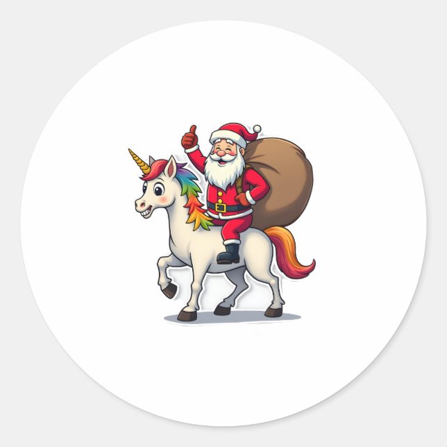 Christmas Santa Claus Riding Unicorn - Xmas Girls  Classic Round Sticker (Front)