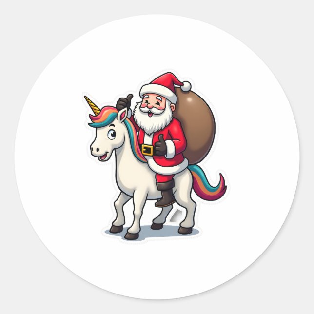 Christmas Santa Claus Riding Unicorn - Xmas Girls  Classic Round Sticker (Front)