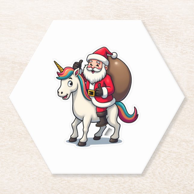 Christmas Santa Claus Riding Unicorn - Xmas Girls  Paper Coaster (Front)