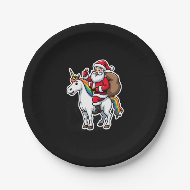 Christmas Santa Claus Riding Unicorn - Xmas Girls  Paper Plate (Front)
