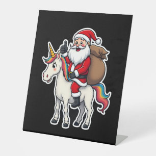 Christmas Santa Claus Riding Unicorn - Xmas Girls  Pedestal Sign