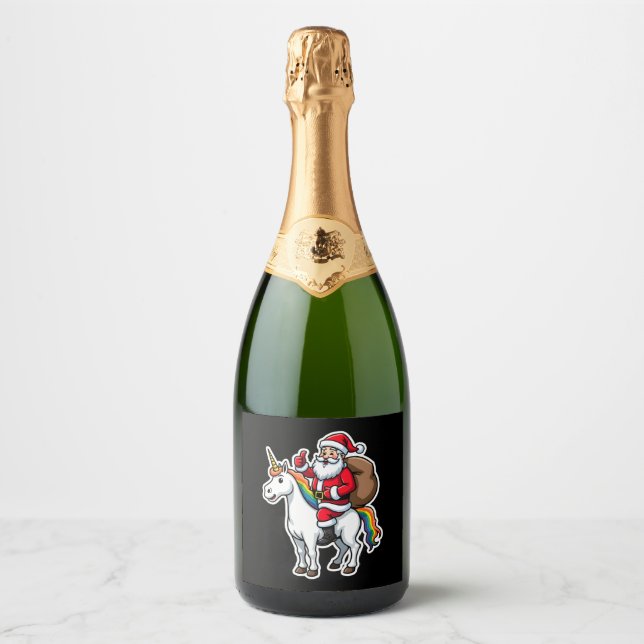 Christmas Santa Claus Riding Unicorn - Xmas Girls  Sparkling Wine Label (Front)
