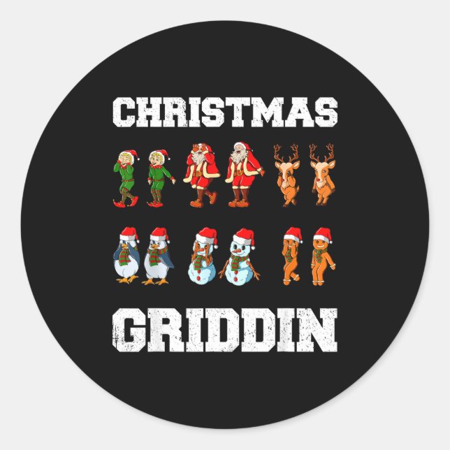 Christmas Santa Claus Snowman Reindeer Griddy Grid Classic Round Sticker (Front)