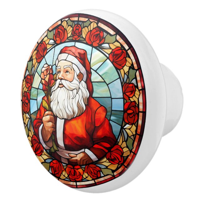 Christmas Santa Claus Stained Glass Design Roses Ceramic Knob (Right)