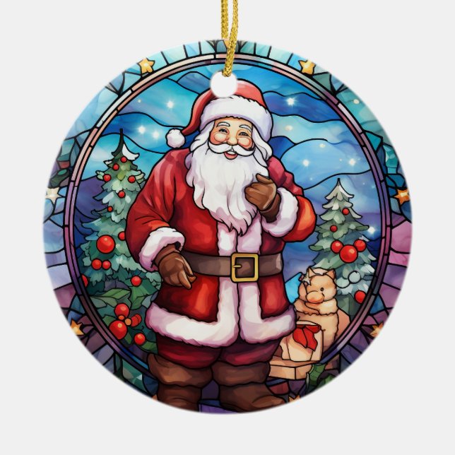 Christmas Santa Claus stained glass style Ceramic Tree Decoration (Front)