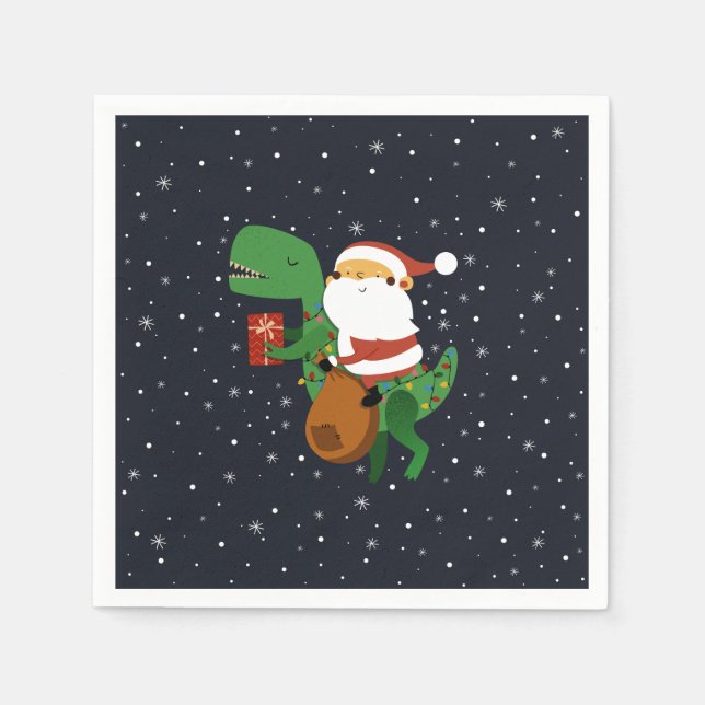 Christmas Santa Claus T-rex Dinosaur Sleigh Napkin (Front)