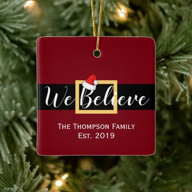 Christmas Santa Claus We Believe Family Photo Ceramic Ornament (Tree)