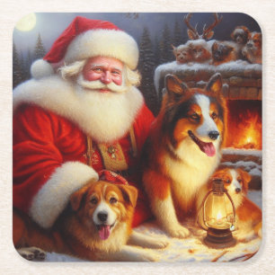 Christmas Santa Claus with Dogs 1 Square Paper Coaster
