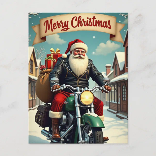 Christmas Santa Claus with Gifts on a Motorcycle Holiday Postcard | Zazzle