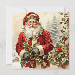 Christmas Santa Claus with Holly Berry Holiday Card
