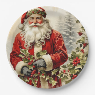 Christmas Santa Claus with Holly Berry Paper Plate