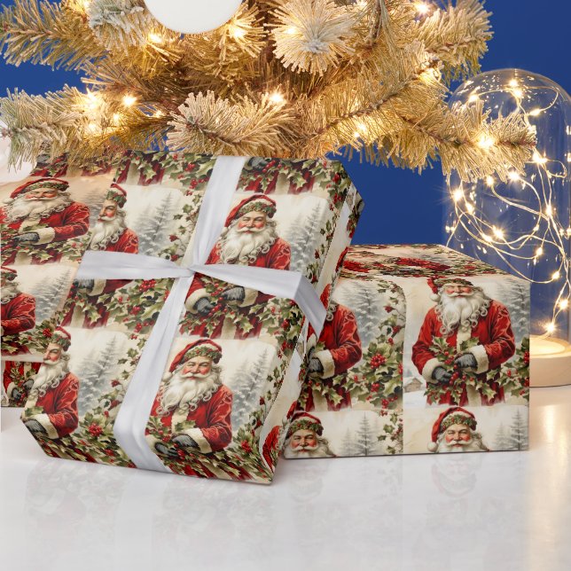 Christmas Santa Claus with Holly Berry Wrapping Paper (Holidays)