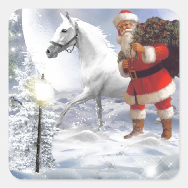 Christmas Santa Claus with White Horse Square Sticker (Front)