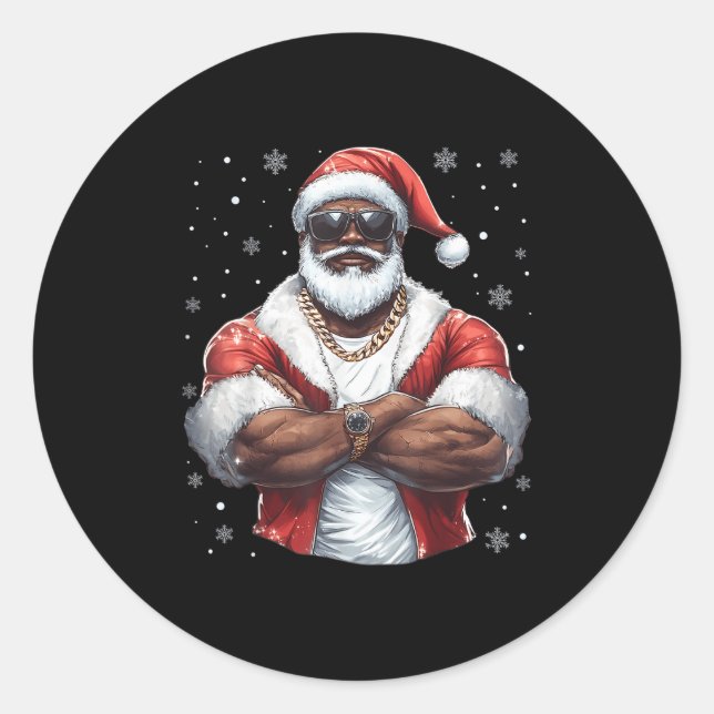 Christmas Santa Claus Xmas Cool Black African Amer Classic Round Sticker (Front)
